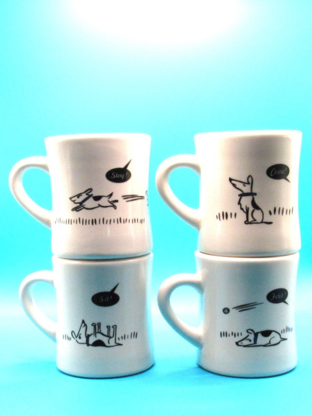 Bad Dogs White Diner-Style Mugs Set of 4 Excellent Condition Sit Stay Fetch Come
